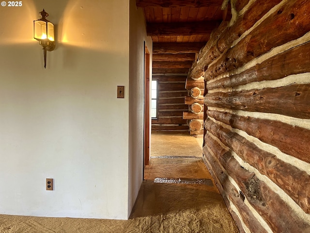 29202 Wallace St, Gold Beach, OR 97444 - hallway featuring beamed ceiling, wooden ceiling, and rustic walls