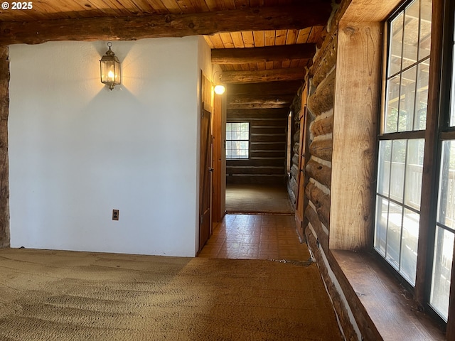 29202 Wallace St, Gold Beach, OR 97444 - hall featuring wood ceiling, log walls, and beamed ceiling