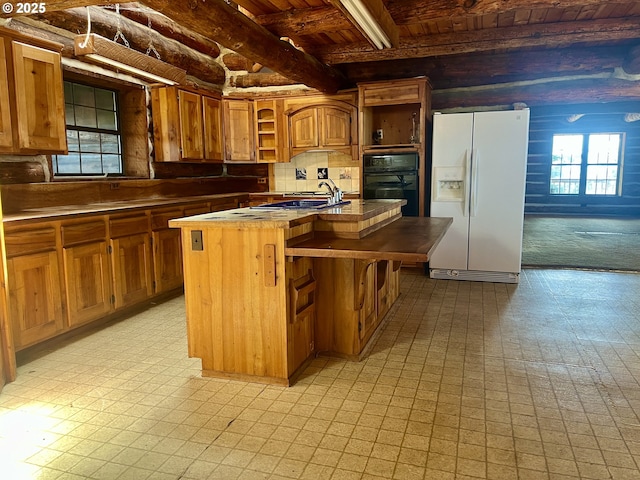 29202 Wallace St, Gold Beach, OR 97444 - kitchen featuring open shelves, wooden ceiling, oven, white refrigerator with ice dispenser, and light floors