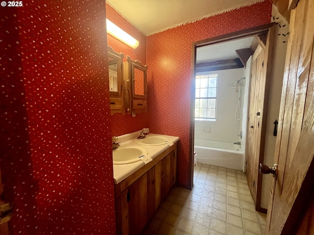 29202 Wallace St, Gold Beach, OR 97444 - full bath with double vanity, wallpapered walls, shower / tub combination, and a sink