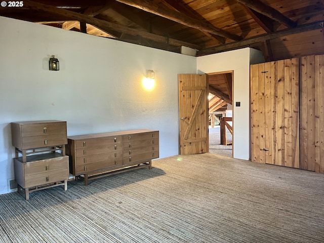 29202 Wallace St, Gold Beach, OR 97444 - interior space with carpet, wood ceiling, an upstairs landing, and lofted ceiling with beams
