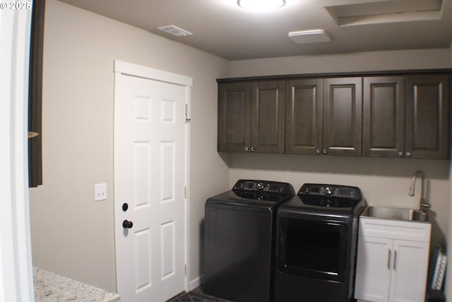 laundry area featuring a sink, visible vents, independent washer and dryer, and cabinet space