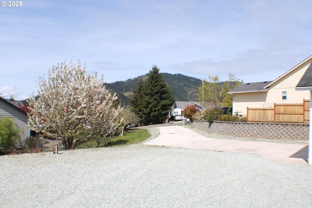 view of street with a mountain view and driveway