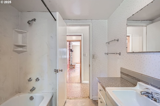 819 Oak St, Silverton, OR 97381 - bathroom featuring wallpapered walls, vanity, and shower / tub combination