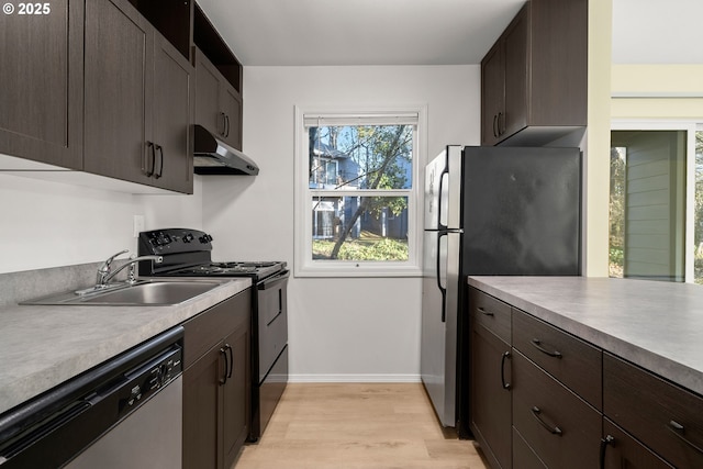 kitchen with appliances with stainless steel finishes, a sink, dark brown cabinetry, light wood-type flooring, and under cabinet range hood