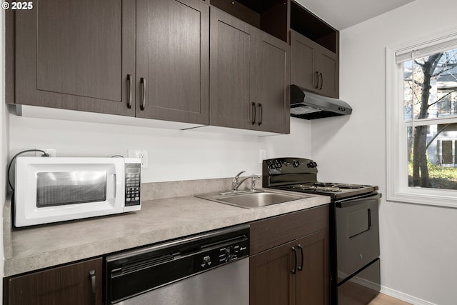 kitchen featuring black electric range oven, dishwasher, sink, and dark brown cabinets