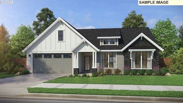 view of front of house with concrete driveway, fence, a front lawn, board and batten siding, and brick siding