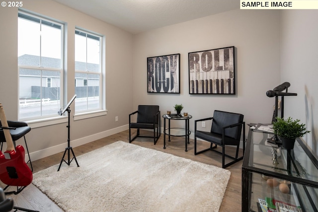 living area featuring wood finished floors and baseboards