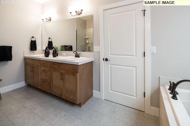 bathroom with a tub to relax in, a sink, baseboards, tiled shower, and double vanity