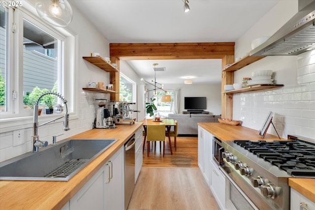 9014 N John Ave, Portland, OR 97203 - kitchen with open shelves, a sink, wooden counters, stovetop, and decorative backsplash