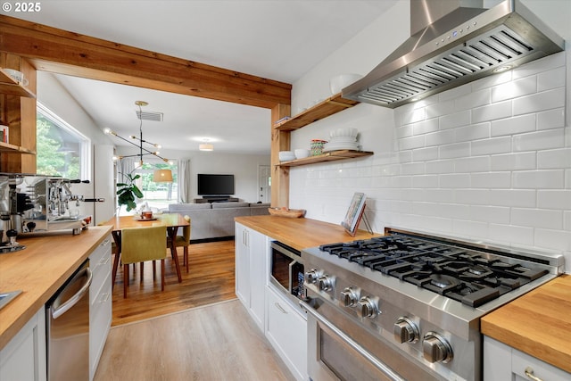 9014 N John Ave, Portland, OR 97203 - kitchen with butcher block counters, open shelves, and wall chimney exhaust hood