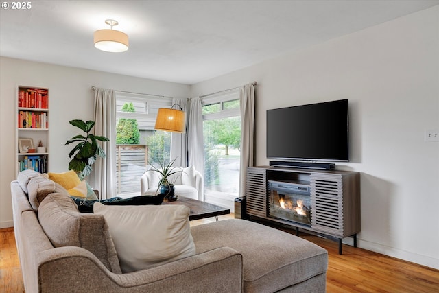 9014 N John Ave, Portland, OR 97203 - living room with wood finished floors, baseboards, and a glass covered fireplace