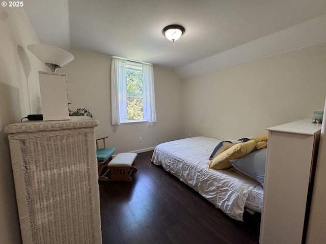 bedroom with baseboards, vaulted ceiling, and wood finished floors