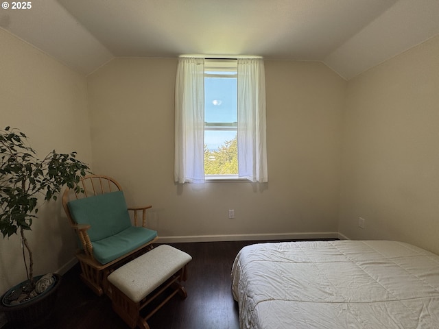 bedroom with baseboards, wood finished floors, and vaulted ceiling