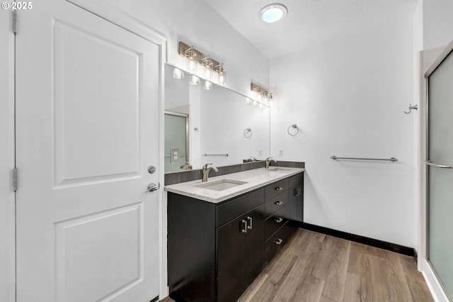 bathroom featuring wood-type flooring, vanity, and a shower with shower door