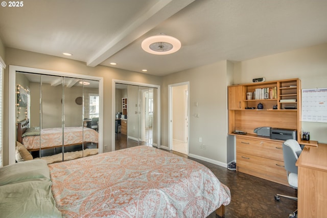 18989 NE Marine Dr Unit 04, Portland, OR 97230 - bedroom featuring multiple closets, an office area, baseboards, and recessed lighting