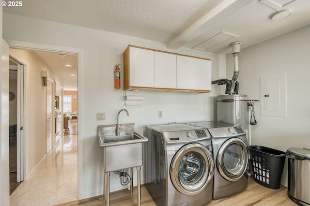 18989 NE Marine Dr Unit 04, Portland, OR 97230 - laundry room featuring cabinet space, washing machine and dryer, electric panel, water heater, and a textured ceiling