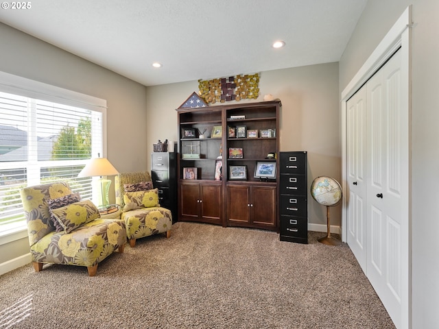 sitting room with baseboards, carpet, and recessed lighting