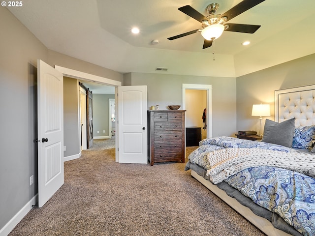 carpeted bedroom featuring visible vents, recessed lighting, baseboards, and ceiling fan