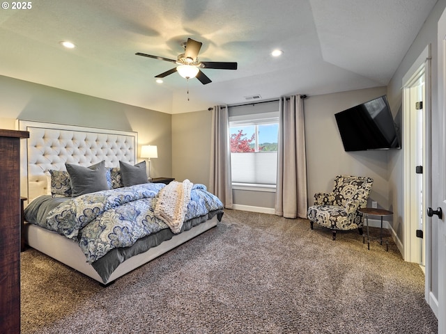 carpeted bedroom featuring baseboards, recessed lighting, and ceiling fan