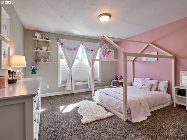 bedroom featuring baseboards, carpet, a textured ceiling, and visible vents