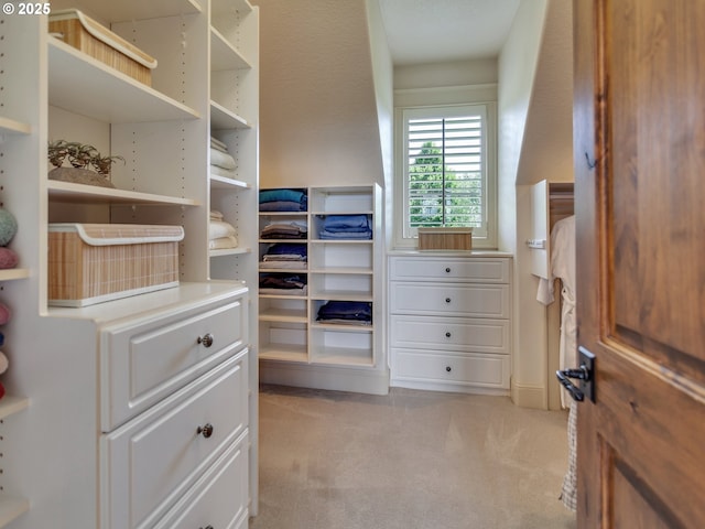 walk in closet with light carpet