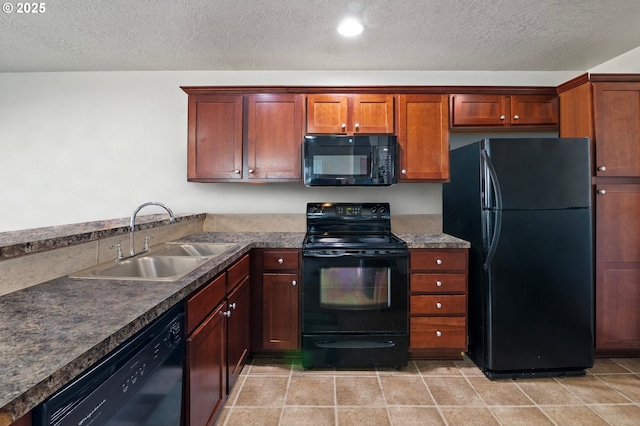 kitchen with a sink, dark countertops, a textured ceiling, and black appliances