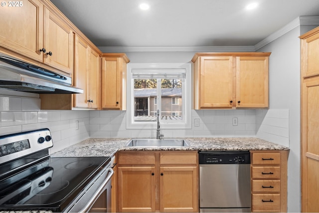 kitchen featuring sink, crown molding, stainless steel appliances, tasteful backsplash, and light brown cabinets