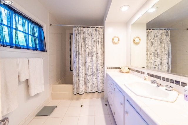 1756 NW 35th Pl, Lincoln City, OR 97367 - bathroom featuring tile patterned flooring, vanity, shower / bathtub combination with curtain, and recessed lighting