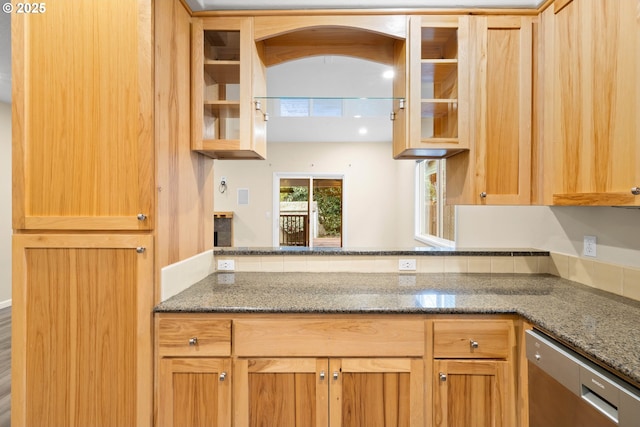 kitchen featuring dishwasher and dark stone counters