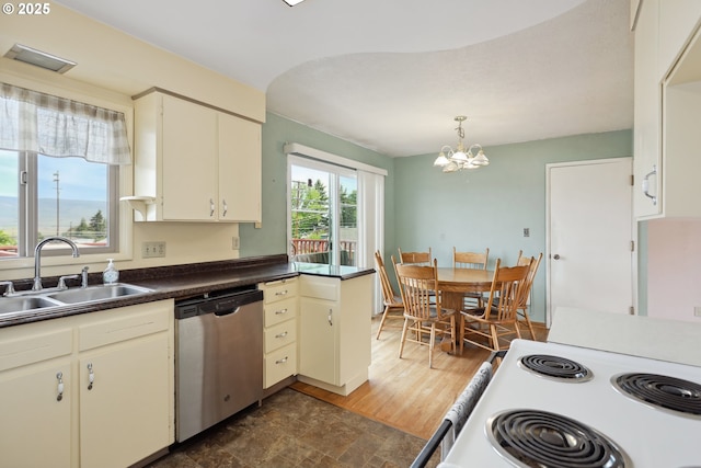 1831 E 14th St, The Dalles, OR 97058 - kitchen with dishwasher, a sink, range with electric cooktop, a chandelier, and dark countertops