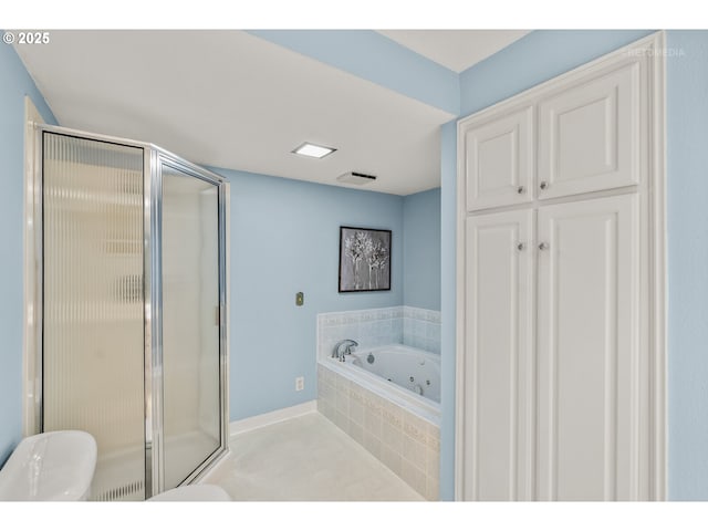 bathroom featuring visible vents, toilet, baseboards, a whirlpool tub, and a shower stall