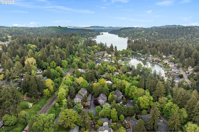 aerial view with a water view and a wooded view