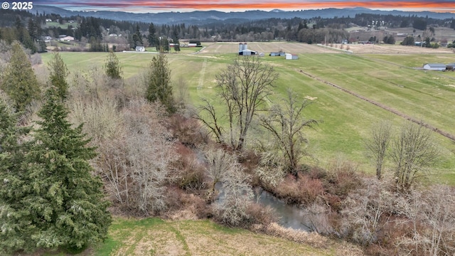 drone / aerial view featuring a rural view and a mountain view