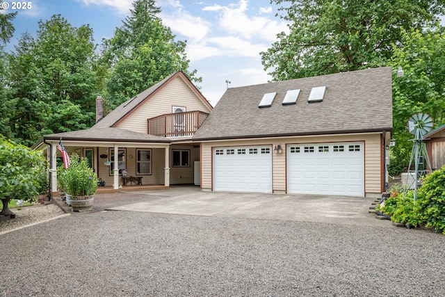 241 Growlers Gulch Rd, Castle Rock, WA 98611 - view of front of property featuring covered porch, driveway, a garage, a shingled roof, and a balcony
