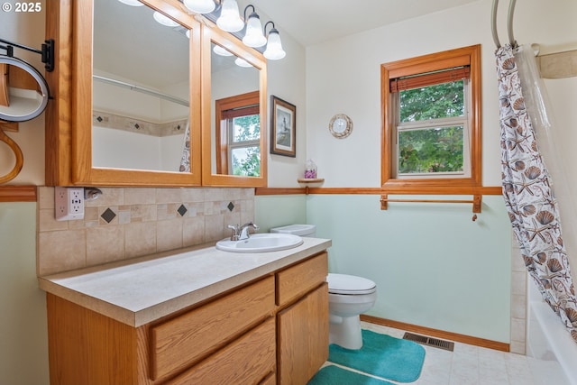 241 Growlers Gulch Rd, Castle Rock, WA 98611 - bathroom with vanity, tasteful backsplash, shower / bathtub combination with curtain, and tile patterned flooring