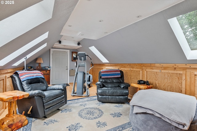 241 Growlers Gulch Rd, Castle Rock, WA 98611 - bedroom featuring a skylight, wood walls, lofted ceiling, and wood finished floors