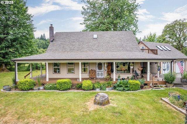 241 Growlers Gulch Rd, Castle Rock, WA 98611 - farmhouse with a porch, a chimney, a front yard, and a shingled roof