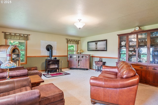 241 Growlers Gulch Rd, Castle Rock, WA 98611 - living room featuring a wood stove, a wainscoted wall, light colored carpet, and a textured ceiling
