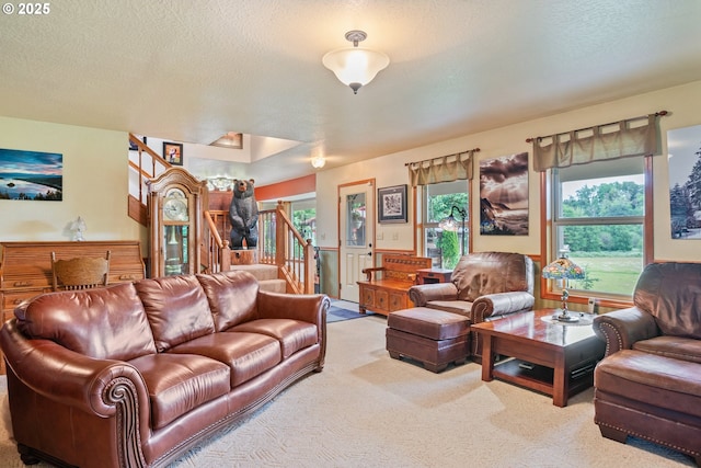 241 Growlers Gulch Rd, Castle Rock, WA 98611 - living room with stairway, carpet, and a textured ceiling