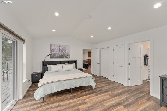 119/121 Tioga Ln, Idleyld Park, OR 97447 - bedroom with wood finished floors, lofted ceiling, access to exterior, recessed lighting, and baseboards