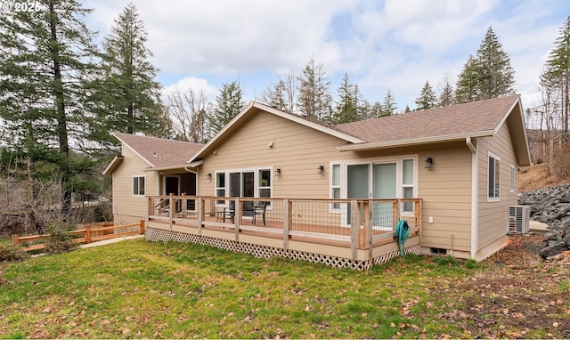 119/121 Tioga Ln, Idleyld Park, OR 97447 - rear view of property featuring central air condition unit, a wooden deck, and a shingled roof