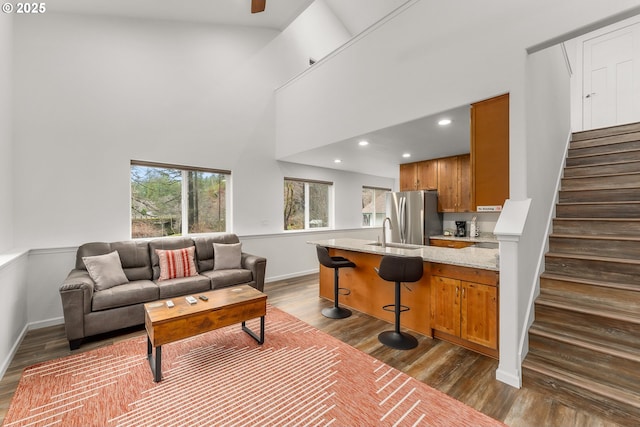 living room featuring dark wood-type flooring, sink, and a towering ceiling