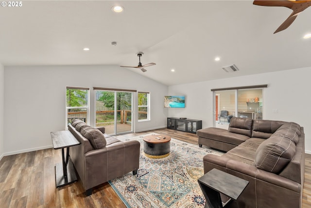 119/121 Tioga Ln, Idleyld Park, OR 97447 - living room with a ceiling fan, wood finished floors, vaulted ceiling, baseboards, and recessed lighting