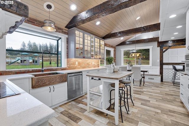 19434 S Logan Dr, Beavercreek, OR 97004 - kitchen with wooden ceiling, stainless steel dishwasher, light wood finished floors, pendant lighting, and recessed lighting