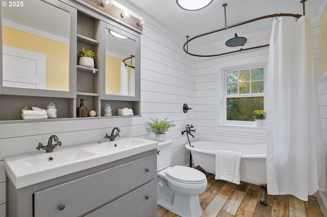 19434 S Logan Dr, Beavercreek, OR 97004 - bathroom featuring a soaking tub, wood finished floors, double vanity, and a shower with shower curtain