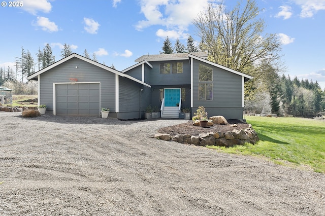 19434 S Logan Dr, Beavercreek, OR 97004 - view of front of property with a garage, gravel driveway, a front lawn, and entry steps