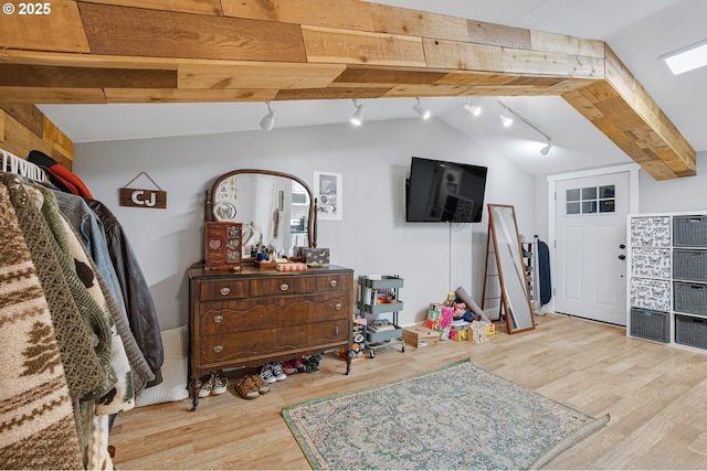 19434 S Logan Dr, Beavercreek, OR 97004 - game room featuring track lighting, wood finished floors, and lofted ceiling