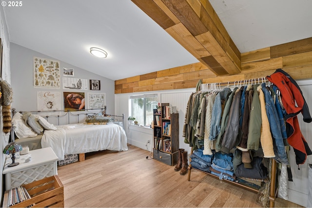 19434 S Logan Dr, Beavercreek, OR 97004 - bedroom with wood finished floors, vaulted ceiling, and wood walls
