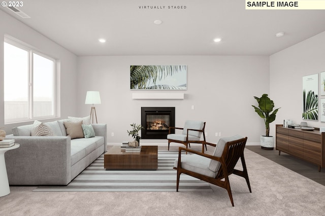 6286 SE 20th St, Gresham, OR 97080 - living area featuring a glass covered fireplace, recessed lighting, carpet floors, and baseboards